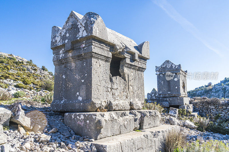 来自Dodurga村的Sidyma古城。Fethiye, Mugla，土耳其。